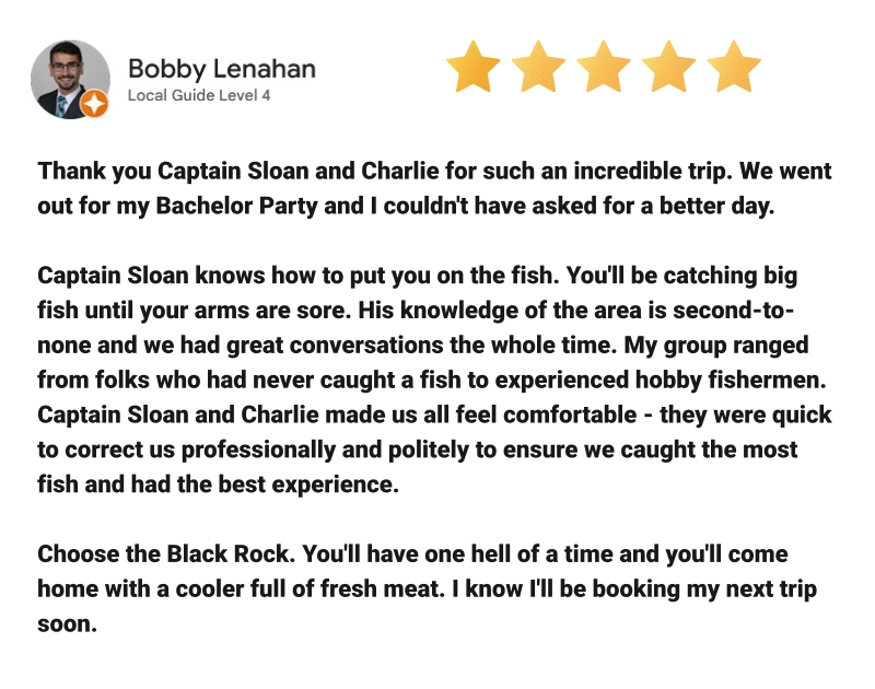 picture of review explaing excellent experience with captain sloan and crew